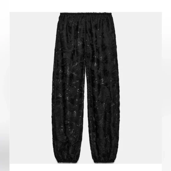 New ZARA Black Sheer Wide-Leg Lace Ballon Pants - Picture 4 of 5